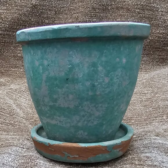 Crate and Barrel Distressed Terra Cotta Pot 4.5" with Saucer - Picture 2 of 6